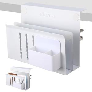 LUKETURE Desk Side Storage, 2 Tier Steel Side Desk Organizer, No Drill Laptop Holder, Clamp on Laptop Mount with Pen Holder, Fits Flat Edge Tables 0.3" to 2.8" (White, L(2 Tier))