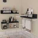 PopiShelves Bathroom Shelves Over Toilet for Wall, Floating Shelves with Storage Basket Paper Holer for Kitchen Living Room, Bedroom & Classroom, Set of 3 (Black)