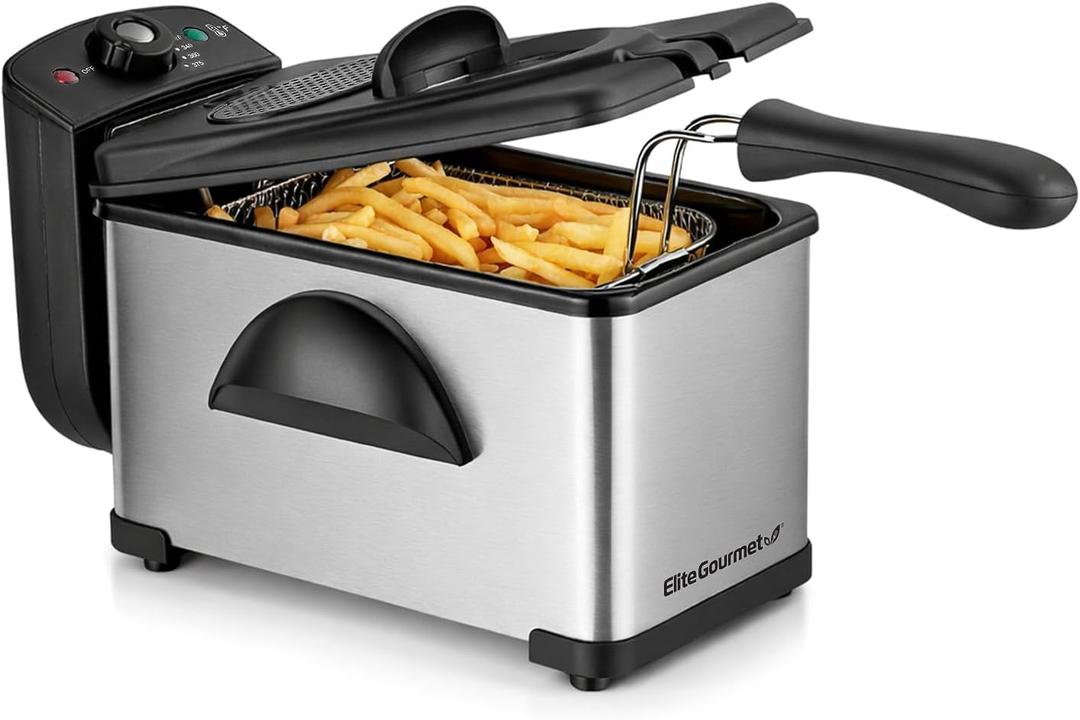 Elite Gourmet EDF2100 Electric Immersion Deep Fryer Removable Basket Adjustable Temperature, Lid with Viewing Window and Odor Free Filter, 2 Quart / 8.2 cup