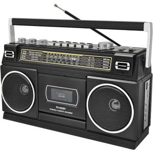 Cassette Player Boombox with Bluetooth, AM/FM/SW Radio & Record to USB, 24W Stereo Sound, 4 Power Modes, Portable Retro Stereo for Indoor Outdoor, Classic Black