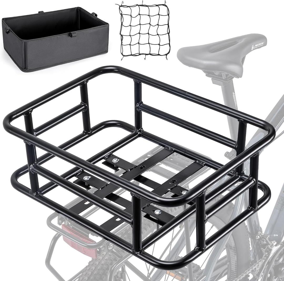 CXWXC Large Bicycle Basket with Cargo Net and Liner - Rear Cargo Rack for Bike, Electric Bike, Ebike, 16.5"X12.6"X6"