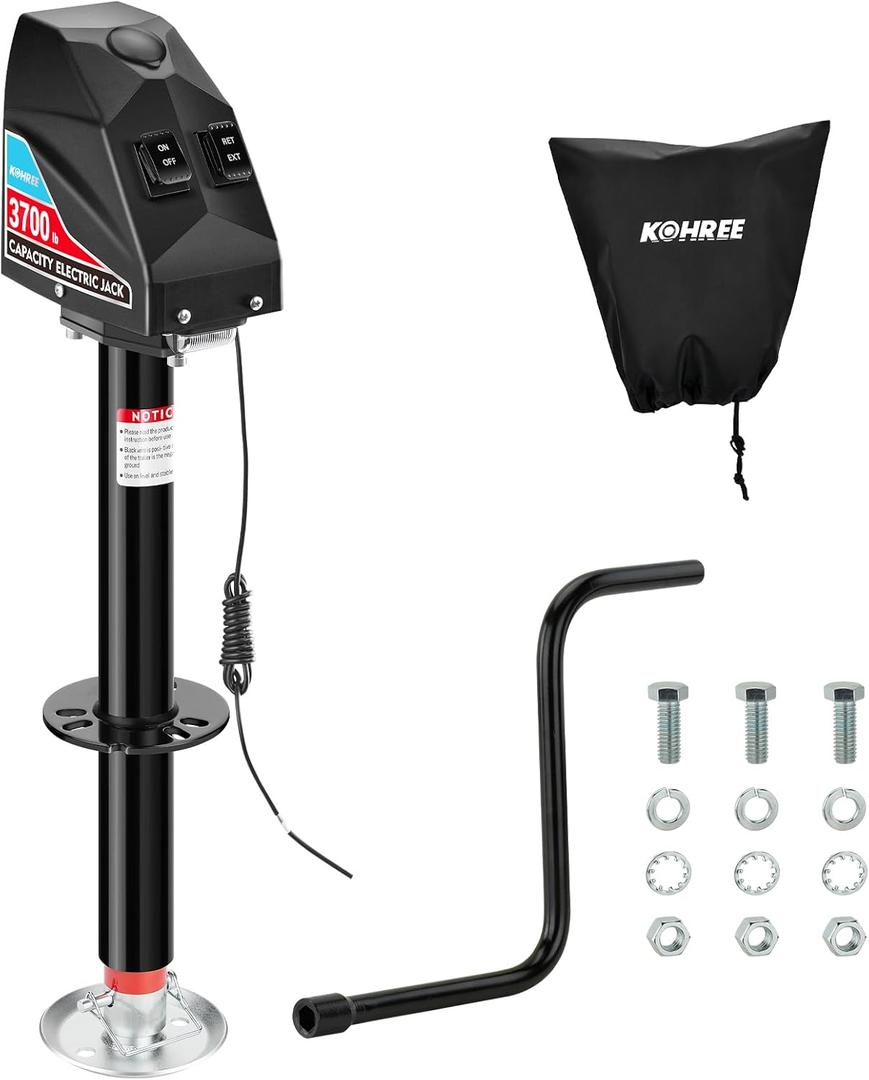 Kohree Electric Trailer Jack 3700lbs, Heavy Duty RV Electric Power Tongue Jack Max 4000lbs for Travel Trailer A-Frame Camper, with Manual Crank Handle & Weatherproof Cover, 22" Lift, 12V DC Black (4000 LBS)