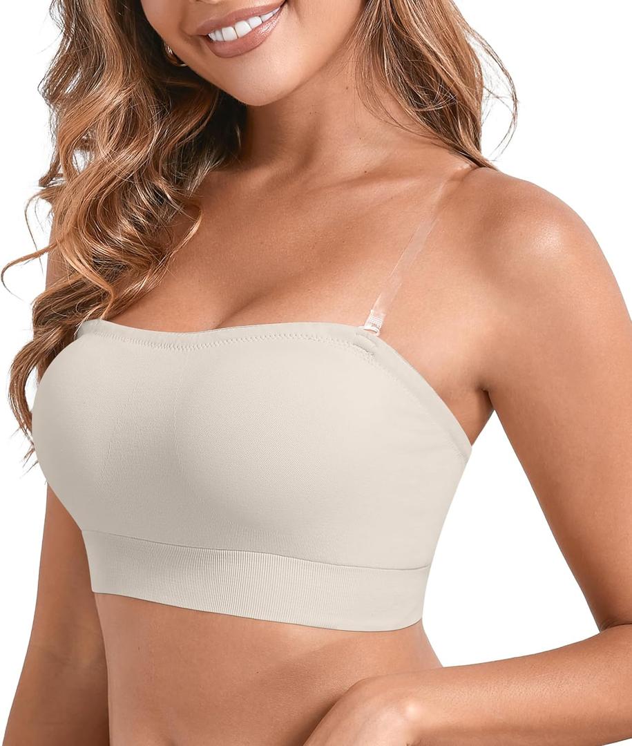 DEANGELMON Strapless Bras for Women Wireless Push Up Non-Slip Bandeau Bra Seamless Clear Straps TubeTop Padded Bralette (X-Large, Beige)