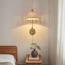 Gold Dimmable Plug in Wall Sconces Set of 2 with Swing Arm, Hand Woven Rattan Wall Sonce Light Fixture, Vintage Bedside Wall Mounted Lamp for Bedroom Living Room Home Office