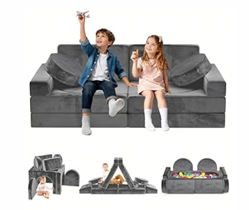 JWPEHOE 12pcs Modular Kids Play Couch - CPC Certified Convertible Toddler Sectional Sofa, Washable Durable Foam Floor Cushion for Kids Playroom (Play Fort/ Castle), Grey