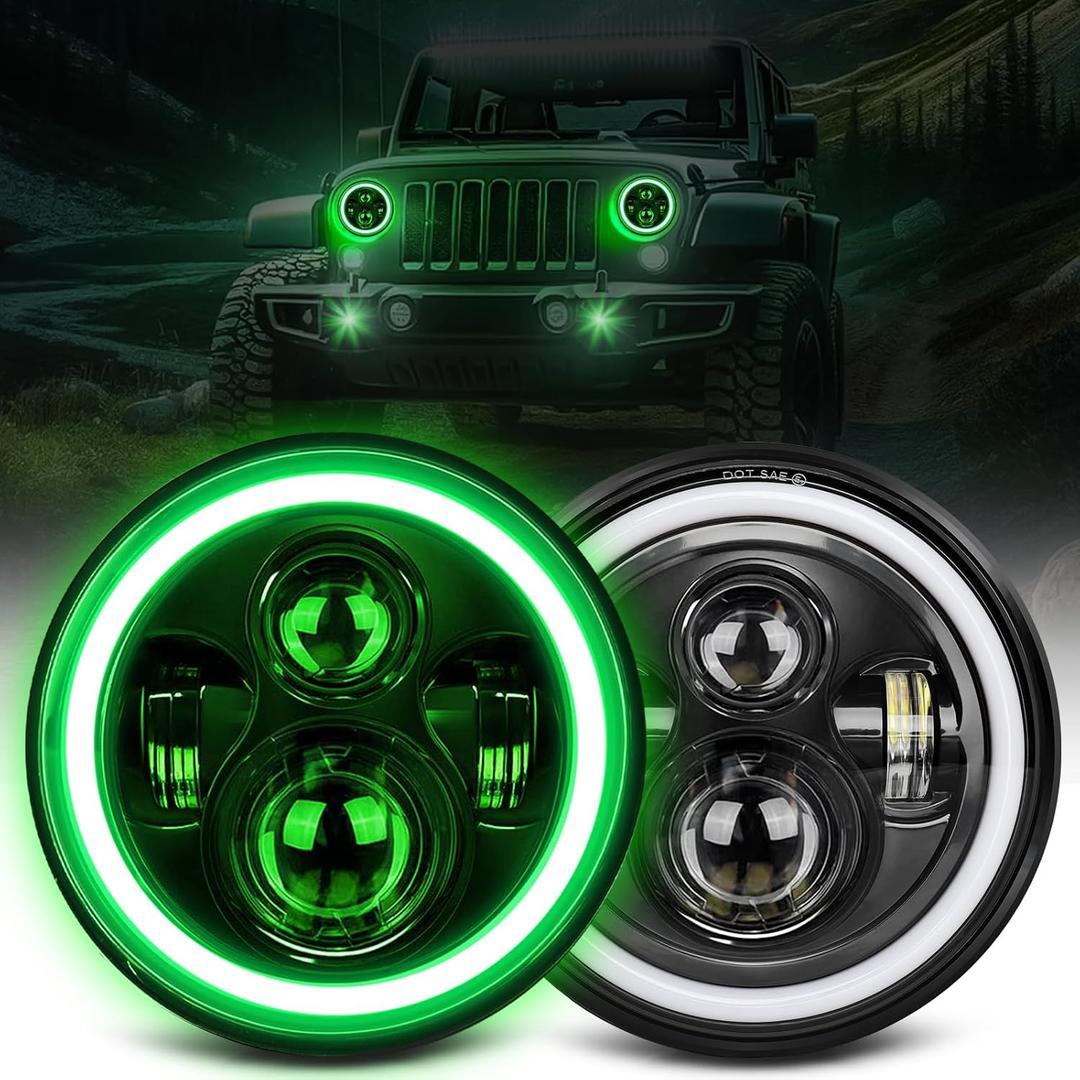 UNI-SHINE 7 inch Green Halo led Headlight Hi/Lo Beam with Amber Turn Signal DRL 2pcs 7 inch led headlight Round H6024 LED Headlight DOT Approved Compatible with Jeep Wrangler JK TJ CJ, Truck SUV etc