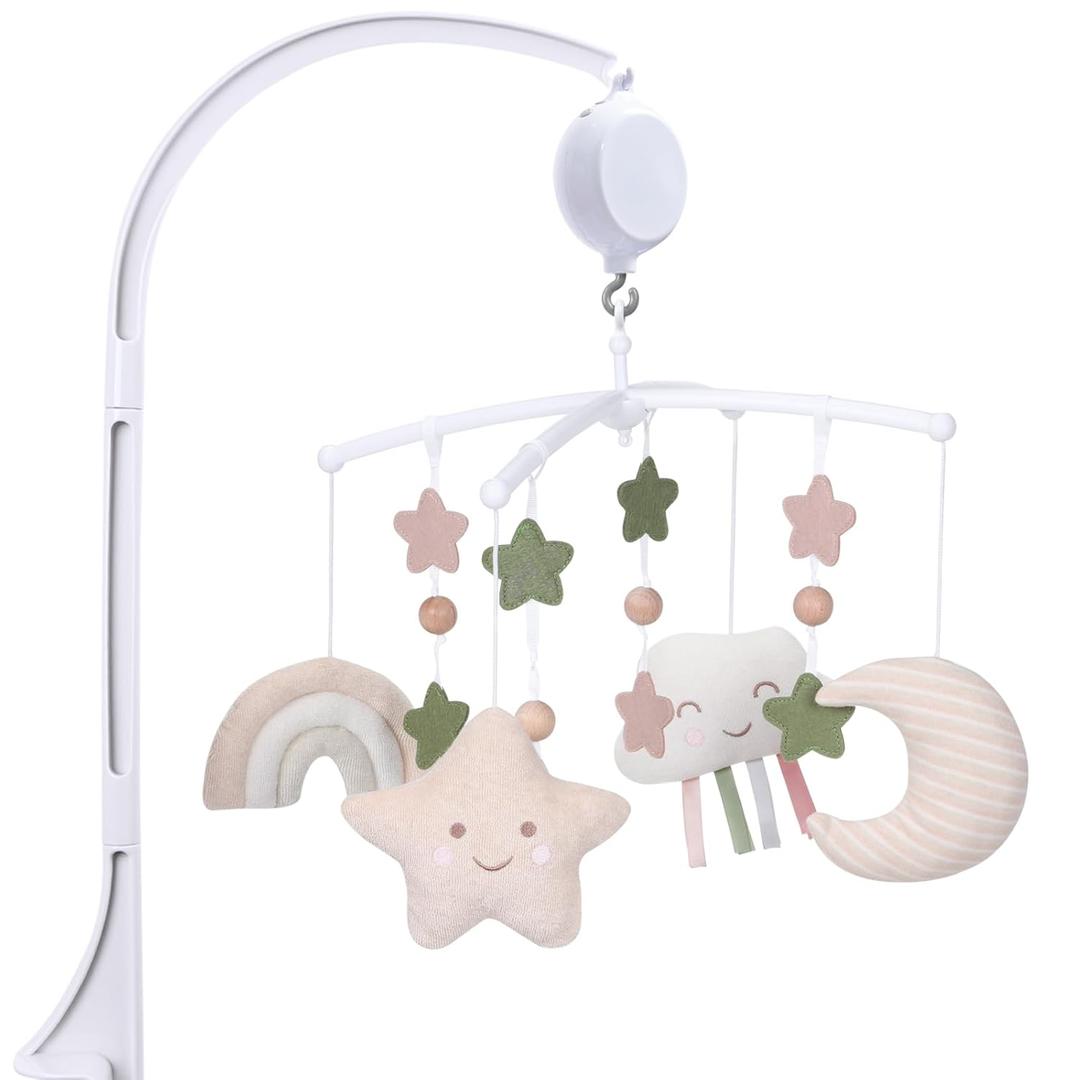 Crib Mobile 35 Lullaby Muisc, Cotton Baby Mobiles for Cribs & Pack N Play, Easy to Install, Stuffed Animals Hanging Toys Newborn Boys & Girls, Star Nursery Decor