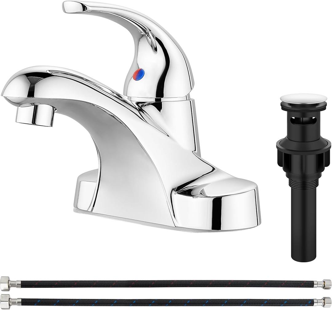 Aolemi Bathroom Faucets Arc 4 Inch Centerset Bathroom Sink Faucet Single Handle Vanity Faucet with Supply Lines,with Pop Up Drain Assembly,Polish Chrome
