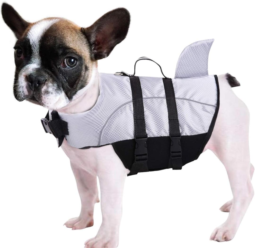 Queenmore Ripstop Dog Life Jacket Shark Life Vest for Dogs, Safety Lifesaver with High Buoyancy and Lift Handle for Small and Medium Breeds Grey, Small