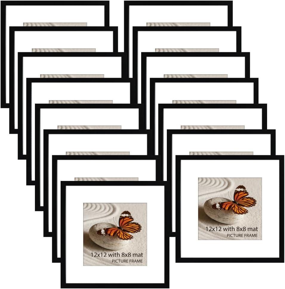 Memory Island 12x12 with 8x8 Photo Frames for Wall and Tabletop Display, 12 by 12 Black Picture Frames with HD Plexiglass, Set of 15