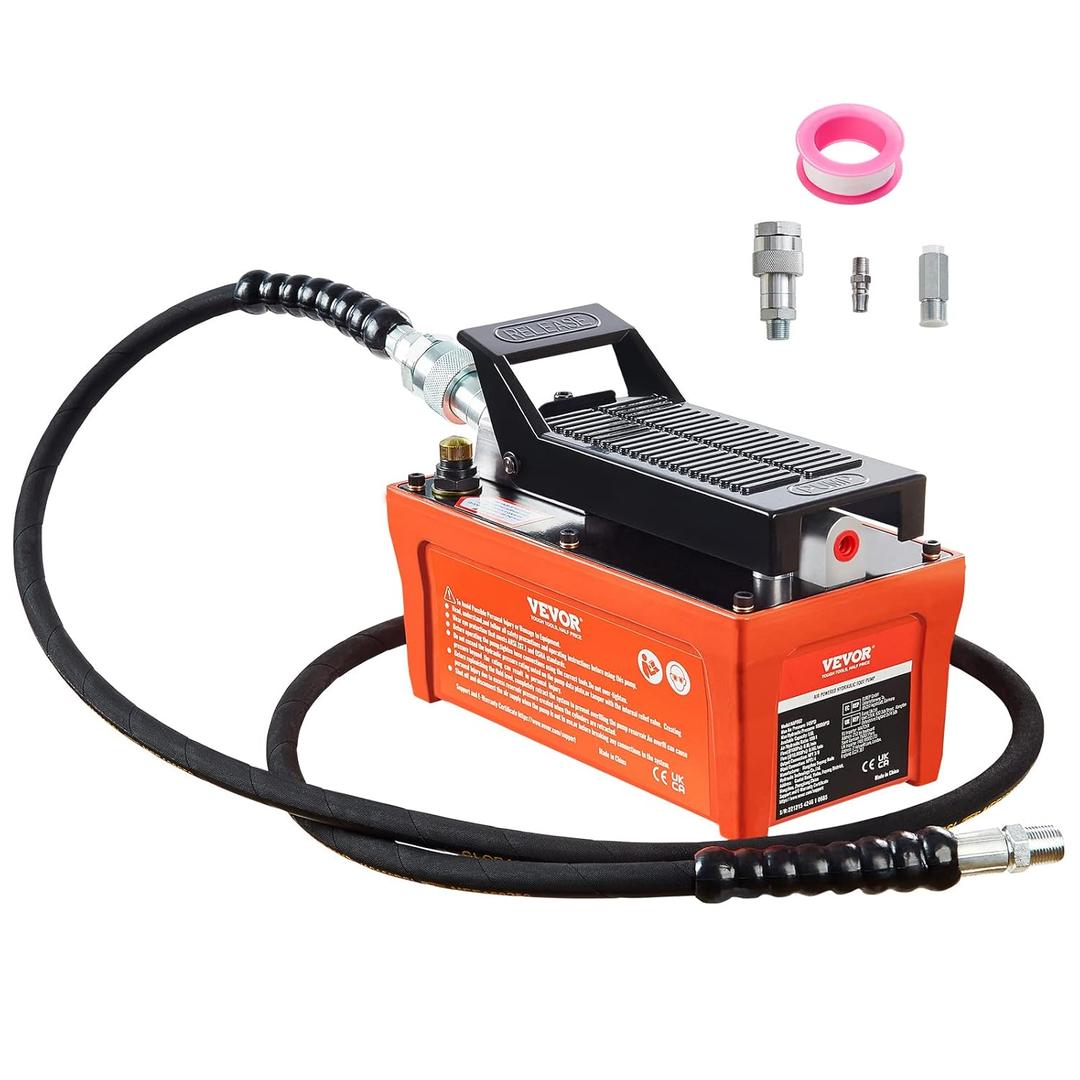 VEVOR Air Hydraulic Pump, 10,000 PSI 1/2 Gal Reservoir, NPT 3/8" Oil Outlet, NPT 1/4" Inlet, 6.6 ft Pipe, Foot Actuated Hydraulic Pump Air Treadle for Auto Body Frame Machines and Pulling Post, Orange