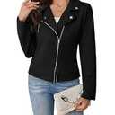 MakeMeChic Women's Short Soft Zip Up Jacket Long Sleeve Lapel Collar Coat Biker Moto Jacket Black Large