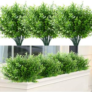 GREENRAIN Artificial Flowers Outdoor Fake Flowers for Decoration UV Resistant No Fade Faux Plastic Plants Garden Porch Window Box Décor (18 Bundles, 1#Green)