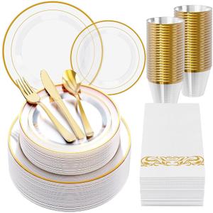 FOCUSLINE 350 Count Clear Dinnerware Set for 50 Guests- Clear Plastic Plates with Gold Rim, Includes Disposable 50 Dinner & Salad Plates, Cups, Napkins and Cutlery Set