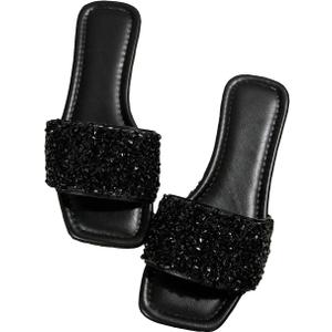 GORGLITTER Women's Sparkly Jeweled Flat Sandals Dressy Open Toe Glitter Shiny Slippers Slip-on Shoes (Black, 40)