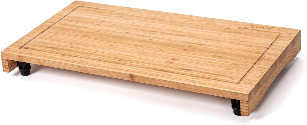 Bamboo Stovetop Cover&Countertop Cutting Board with Adjustable Legs, Dual-purpose Chopping Board for Electric Stove Burner, Workspace Block Cover for RV Camping Camper Gas (2 Burner Stove Cover)