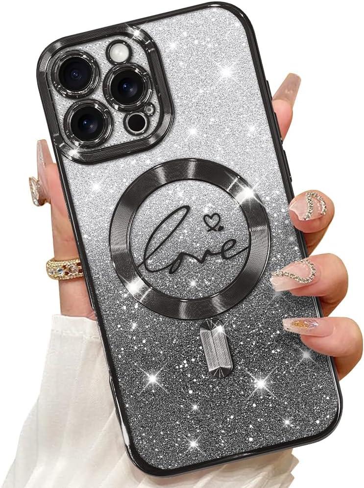 ZIYE Magnetic Case for iPhone 16 Pro Max 6.9" [Compatible with MagSafe] Glitter Bling Luxury Hearts Design Cover for Women Girly, Soft TPU Shockproof Protective Case for 16 ProMax 5G 2024, Black