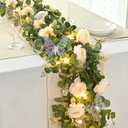 Yastouay 6.4 Ft Fuller Flower Garland with Light Butterfly, Artificial Eucalyptus Garland with Champagne Flowers Fake Rose Camellia Vine for Table Centerpiece Wedding Arch Room Decor