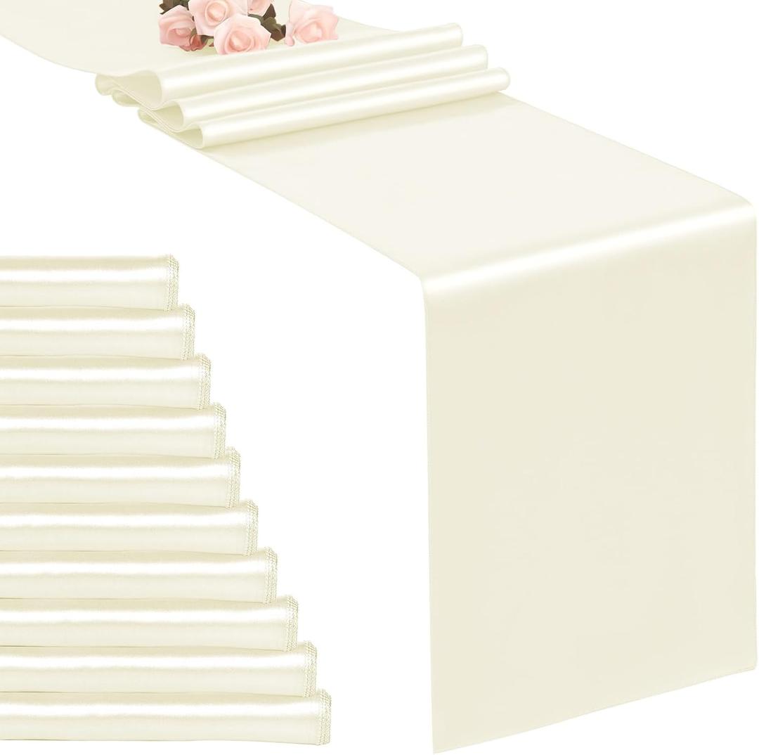 10-Pack Ivory 12 x 108 inches Long Premium Satin Table Runner for Wedding, Decorations for Birthday Parties, Banquets, Graduations, Engagements, Table Runners fit Rectange and Round Table