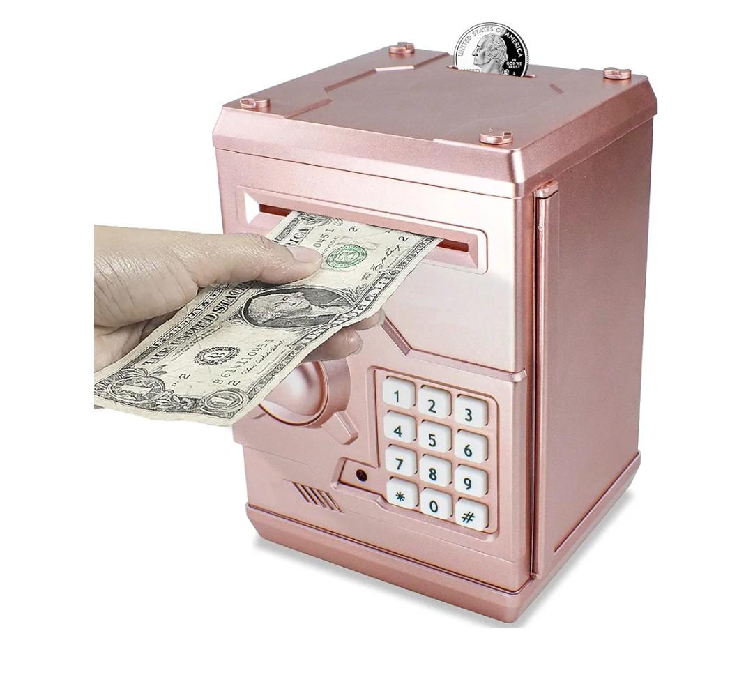 Mini ATM Piggy Bank ATM Machine Best Gift for Kids,Electronic Code Piggy Bank Money Counter Safe Box Coin Bank for Boys Girls Password Lock Case (Rose Gold)