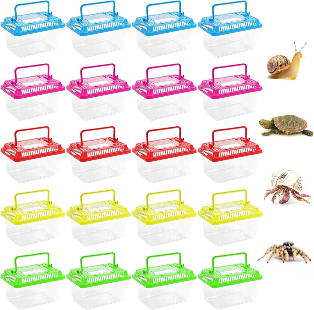 20 Pack Small Plastic Reptile Carrier, Tarantula Enclosure Breeding Box with Handle and Ventilation Lid, for Spider Lizard Turtle Hermit Crab Fish, 5.1 x 3.5 x 3.5 Inch, Multi-Color