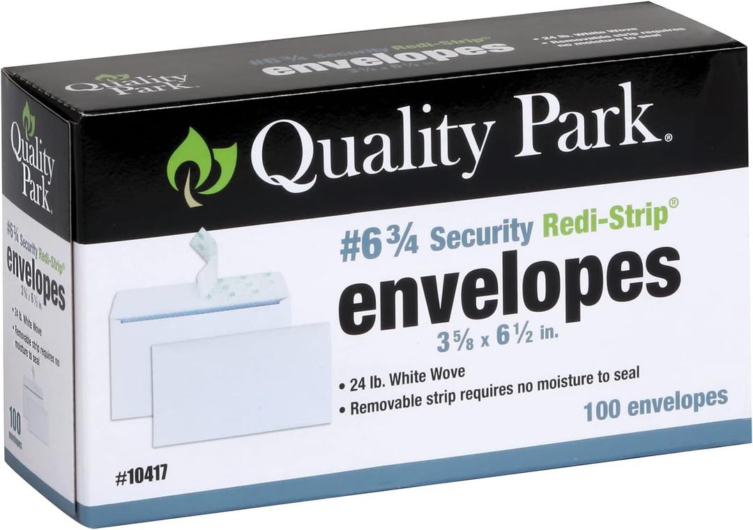 Quality Park #6 3/ 4 Self-Seal Security Envelopes, Security Tint and Pattern, Redi-Strip Closure, 24-lb White Wove, 3-5/ 8 x 6-1/ 2, 100/ Box (QUA10417)