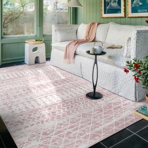 5x7 Machine Washable Area Rug for Living Room, Pink Vintage Moroccan Rug Large Non-Slip Low Pile Soft Faux Wool Carpet, Kids and Pets Friendly for Bedroom Dining Room Farmhouse Home Decor Rug