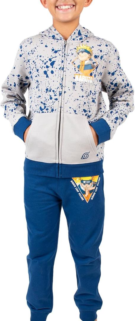 Bioworld Naruto Classic Youth Boys Gray Zip Hoodie and Navy Jogger Pants (Gray, XXL)