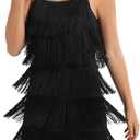 Women's Great Gatsby Flapper Spaghetti Tassel Dress with Headband, 20s Elegant Mini Dress Party Accessory COSTUME OUTFIT (M, Black)