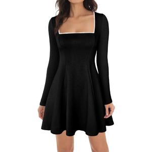 Lrady Womens Square Neck Bodice Dress Long Sleeve Flare A Line Club Party Mini Ruffle Swing Short Dresses (Black, Large)
