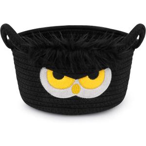Small Storage Basket for Nursery, Owl Storage Basket, Woven Rope Cotton Storage, Baby Blanket 0rganizer with Ears Handles, Animal Blanket Towel Decor Gifts Cat Dog Bins, 8.2" D x 4.7" H IN (Black)