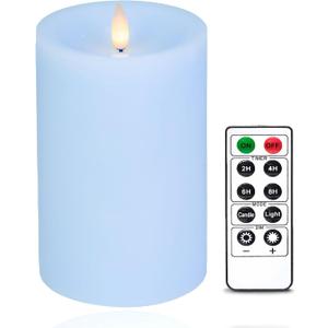 Flameless Pillar Candles Flickering with Remote Timer, Battery Operated LED Candles Up to 400 Hours, 3D Moving Flame Real Wax Candles, D4 x H6, Remote Included (Ice Blue, 4inx6in)