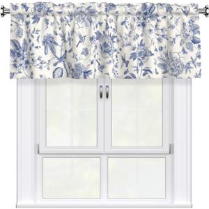 Giwawa Chinoiserie Flowers Curtain Valance Blue Leaves Rod Pocket Window Treatment Valances 54" x 18" Blackout Curtain for Kitchen Bedroom, 1 Panel