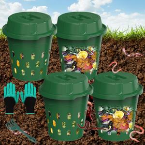 4-Pack Inground Worm Composter, Outdoor Worm Compost Bin for Garden Beds & Home Use, Vermicomposting Bin for Beginners (9.5x9.5x10.8Inch), Green