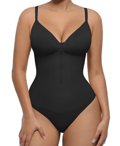 FeelinGirl Shapewear for Women Tummy Control Seamless Zip Front Bodysuits Thong V Neck Body Suit Body Shaper, S