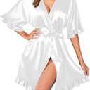 Ekouaer Womens Silk Ruffle Robe Short Satin Kimono Robe Half Sleeve Bathrobe Bridesmaid Wedding Party Dressing Gown (Small, Pure White)