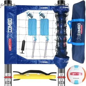 Professional Volleyball Net Set Heavy Duty for Outdoor Backyard Portable with Aluminum Adjustable Height Scoring Poles, Regulation Nets System for Tournament, Grass (Blue)