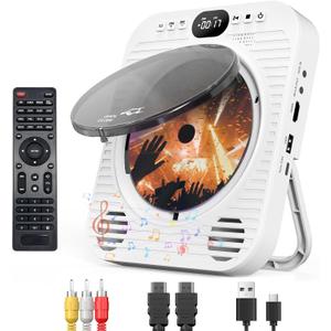 Mini CD DVD Player for TV - Portable Bluetooth CD DVD Player with HDMI & AV Cables, Built-in Speakers, USB/AUX Playback, 1080P Upscaling, Wall-Mountable Compact Desktop Player for Home, White