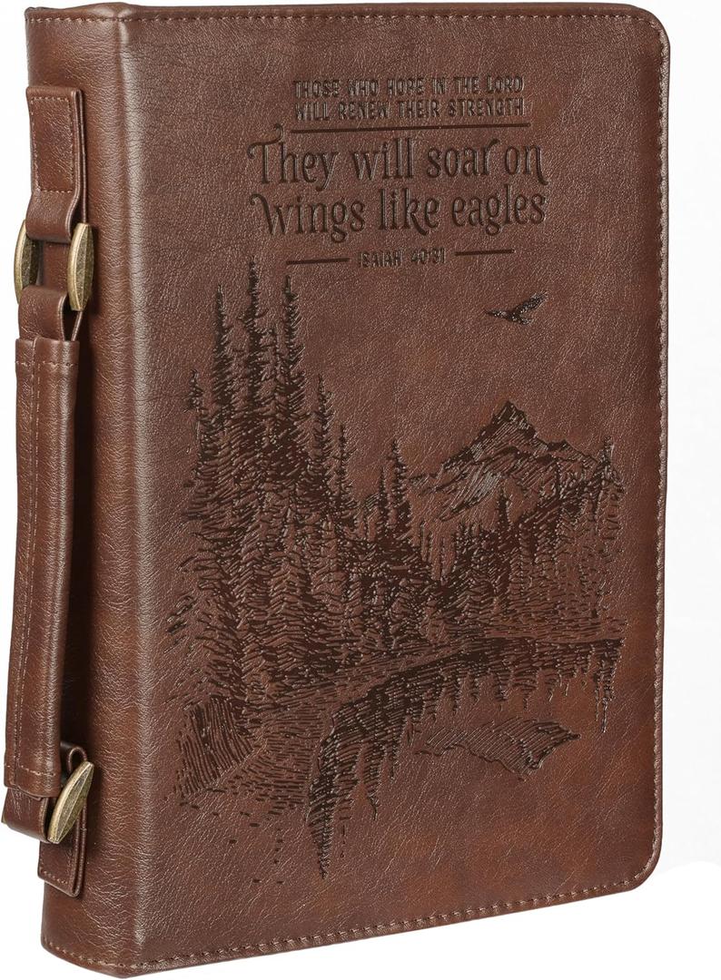 Christian Art Gifts Men's Classic Bible Cover On Wings Like Eagles Mountain Isaiah 40:31, Brown Faux Leather, Large