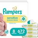 Pampers Sensitive Baby Wipes, Water Based, Clinically Proven, Hypoallergenic, and Unscented for Babies, 672 Wipes Total (8 Flip-Top Packs) 