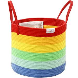 zooawa Large Blanket Basket, Rectangle Woven Baskets for Storage, Blanket Storage for Living Room, Cotton Rope Big Storage Basket for Blankets (Rainbow) 15"x14"