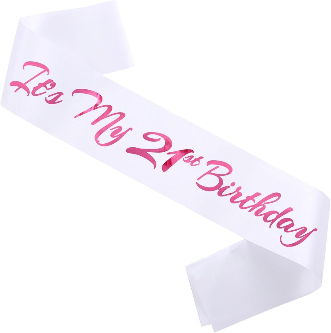 It's My 21st Birthday Sash, White Pink Birthday Sash for 21st Bday Party Supplies, Gifts for Girls Bday Party Favors