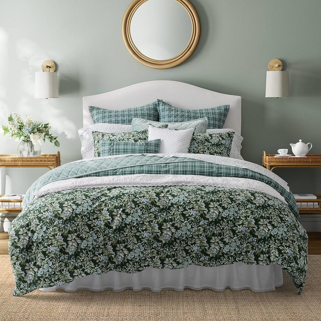 Laura Ashley- King Comforter Set, Cotton Reversible Bedding Set, Includes Matching Shams with Bonus Euro Shams & Throw Pillow Covers (Bramble Floral Green, King)