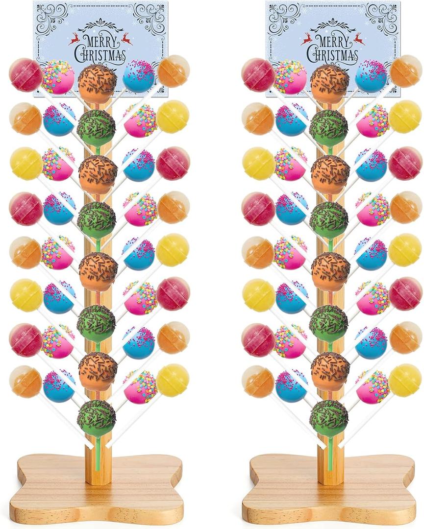 AVLA 2 Pack Wood Cake Pop Stand, 48 Holes Wooden Lollipop Holder, Decorative Candy Table Display Dessert Stand for Wedding, Birthday, Parties, Anniversaries, Sturdy and Easy to Assemble