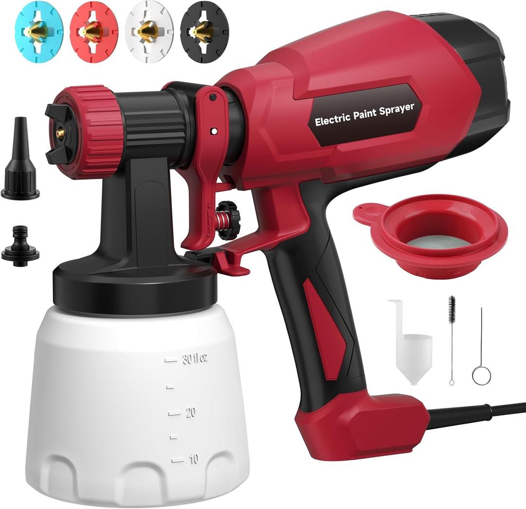 HVLP Paint Sprayer, Electric Spray Paint Gun, 3 Modes & 4 Barss Nozzles, with Cleaning & Blowing Joints, Variable Flow Control, for Doors, Fences, Furniture, Wall, Cabinet, Garden Chairs, etc. (Red)