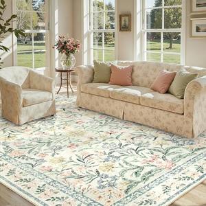 Lahome Boho Rugs for Living Room, Large 8 x 10 Area Rugs for Bedroom Non Slip, Soft Ultra-Thin Distressed Floral Throw Carpet for Office Dining Room, Cream/Multi