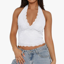 REORIA Womens Sexy V Neck Lace Halter Backless Going Out Double Lined Y2K Trendy Cropped Tank Tops L