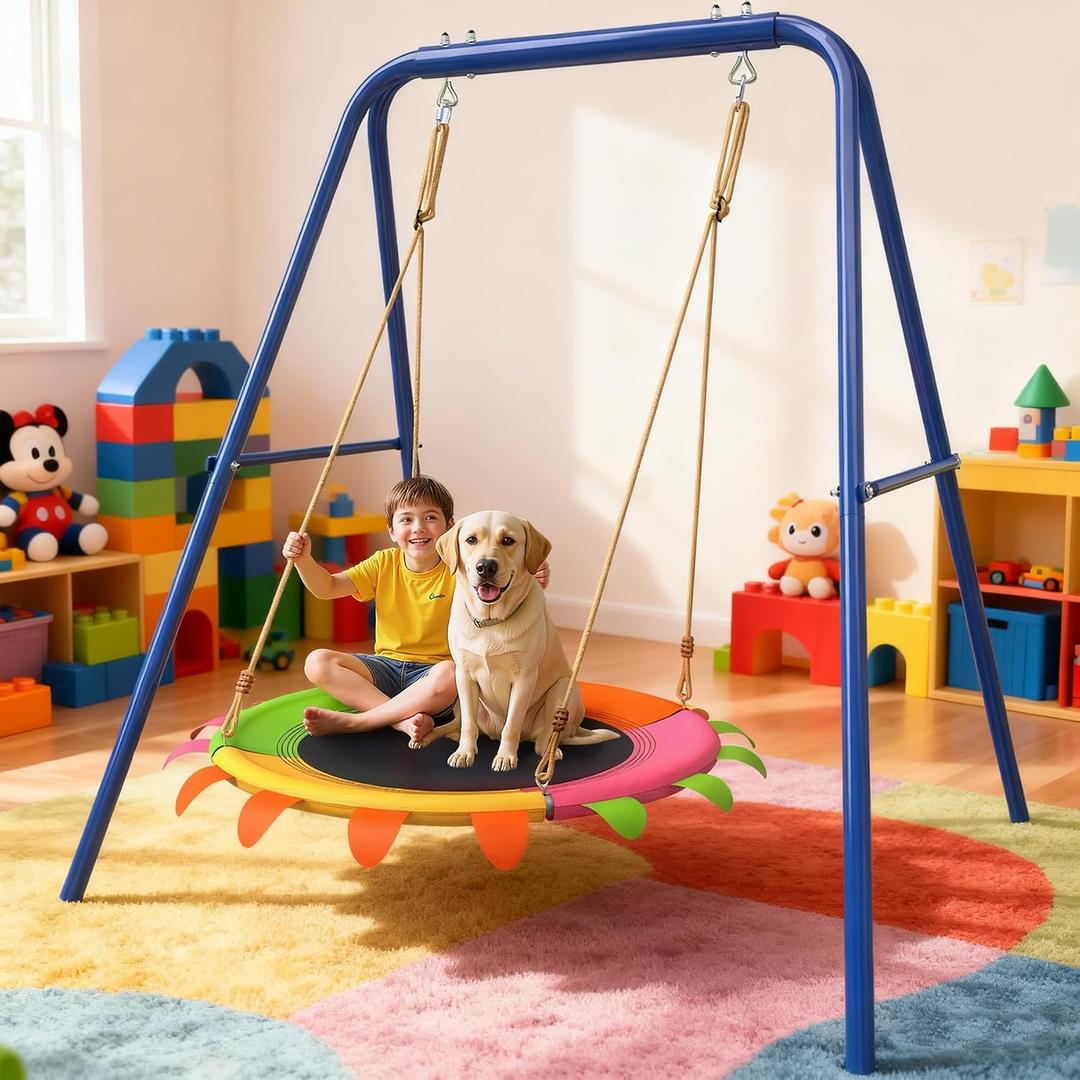 Saucer Swing Set for Kids Outdoor, Heavy Duty A-Frame Metal Swings Stand with 40 inch Tree Swing, 400lbs Playeset for Backyard, Easily Move to Indoor Use on A Ground Mat