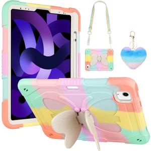 WESADN for iPad Air 5th Generation Case with Kickstand Lanyard Keychain Pencil Holder Rugged Heavy Duty Case for Girls Kids Protective Tablet Cover for iPad Air 4th Gen 2022 2020 10.9'' Rose Gold