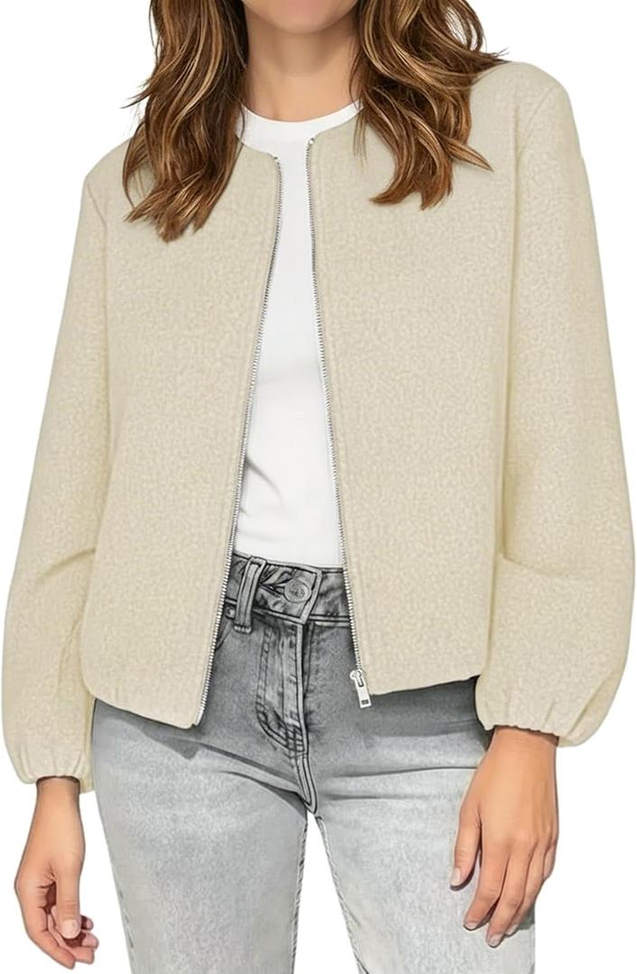 kipfall Womens Wool Blend Bomber Jackets Fall Winter Cropped Zip Up Coat Hoodless Outwear with Pockets (Gray, L)